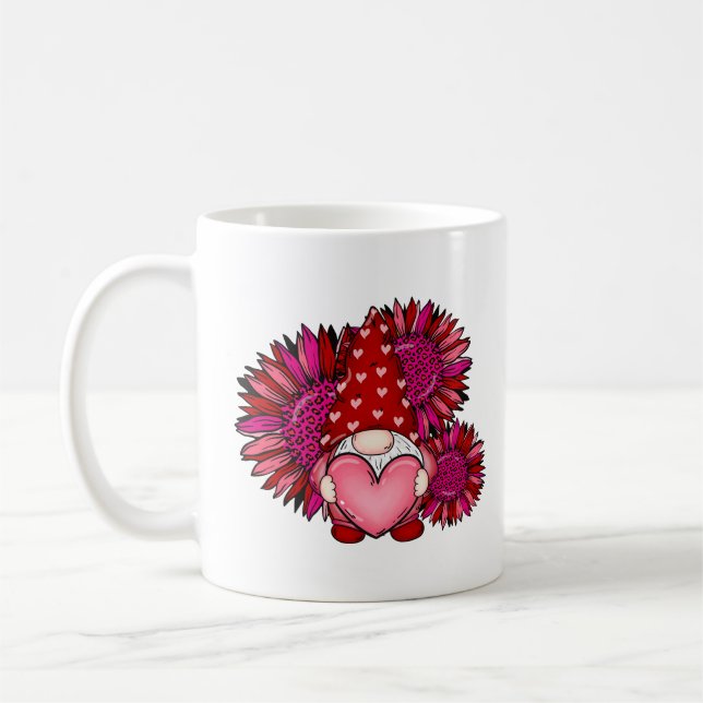 Valentine's Day Gnome Holding Heart with Sunflower Coffee Mug (Left)