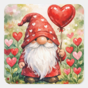 Valentine's Day Gnome with Red Heart Balloon Square Sticker