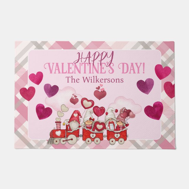Valentine's Day Gnomes on a Train Doormat (Front)