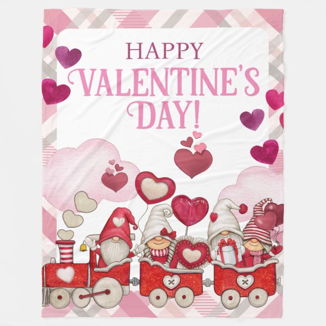 Valentine's Day Gnomes on a Train Fleece Blanket (Front)