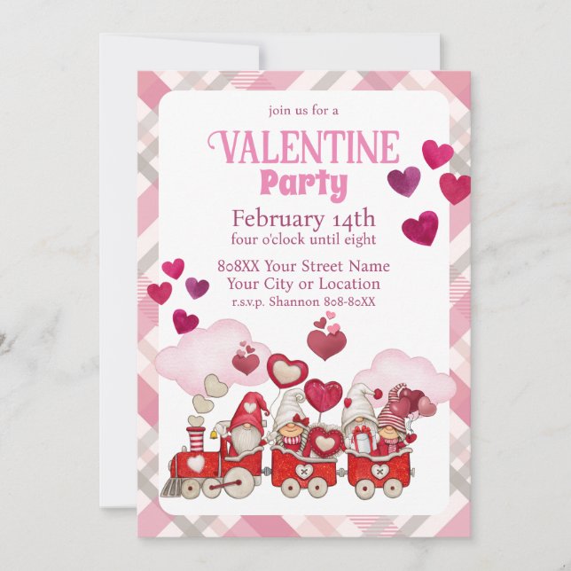 Valentine's Day Gnomes on a Train Invitation (Front)