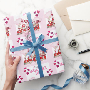 Valentine's Day Gnomes on a Train Wrapping Paper