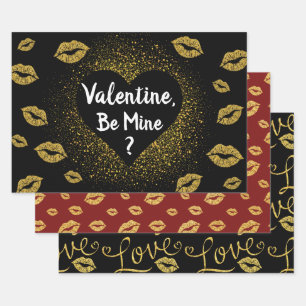 VALENTINE'S DAY GOLD GLITTER CONFETTI KISSES WRAPPING PAPER SHEET