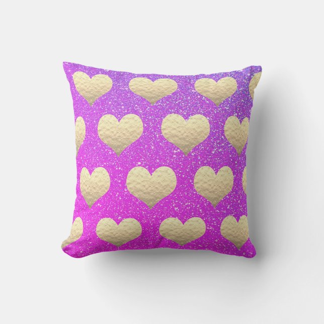 Valentine's Day Gold Heart Pink Purple Glittery Outdoor Pillow (Front)