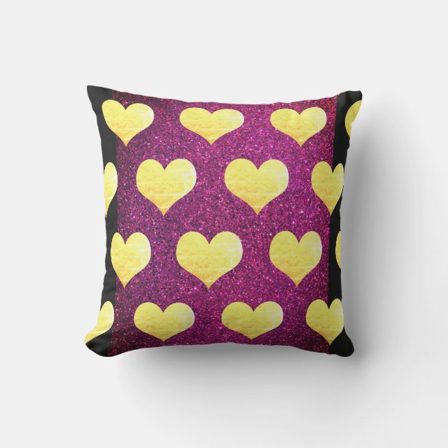 Valentine's Day Gold Hearts Pink Black Glittery Outdoor Pillow (Front)