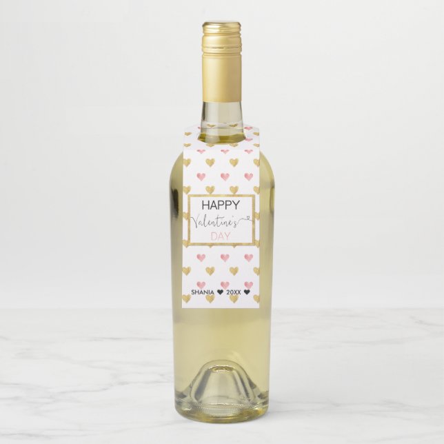 Valentine's Day Gold Pink Glitter Hearts Bottle Tag (On Bottle)