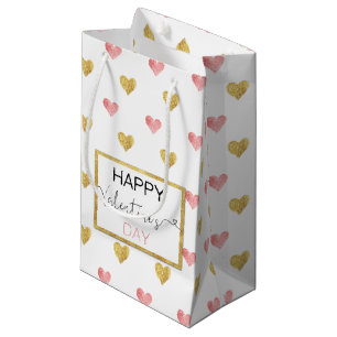 Valentine's Day Gold Pink Hearts - Small Gift Bag