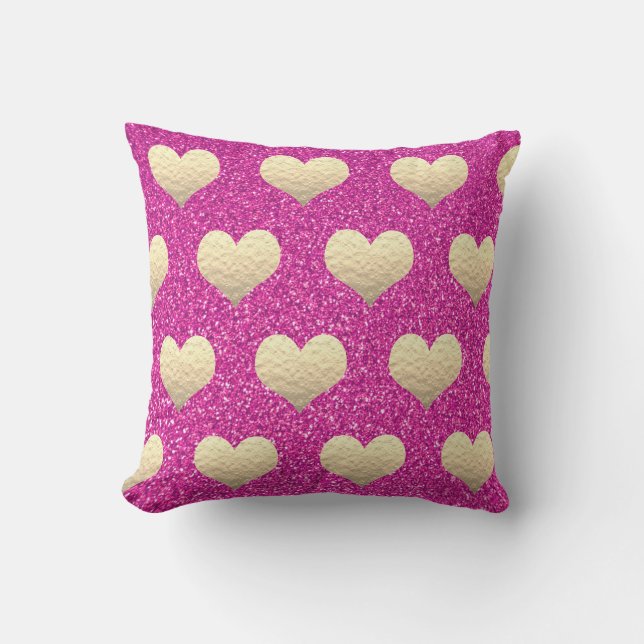 Valentines Day Golden Hearts Pink Purple Glitter Outdoor Pillow (Front)