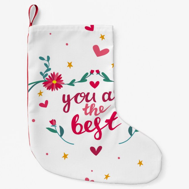 Valentine's day greeting card with hearts,  flower small christmas stocking (Front)