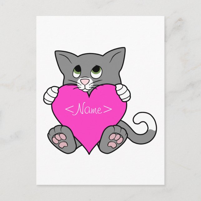 Valentine's Day Grey Cat with Pink Heart Holiday Postcard (Front)