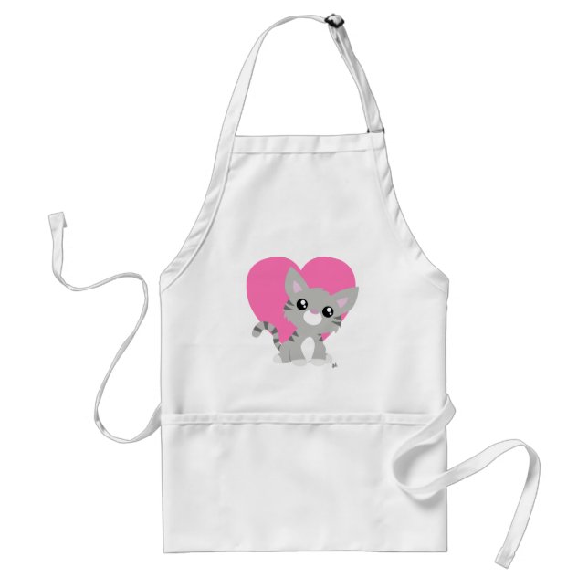 Valentine's Day Grey Kitty White Apron (Front)