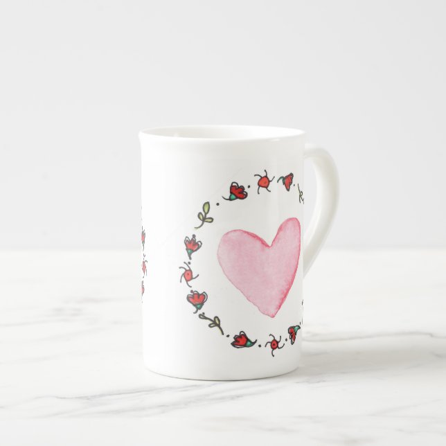 Valentines Day Handpainted Pink Heart Watercolor Bone China Mug (Front Right)