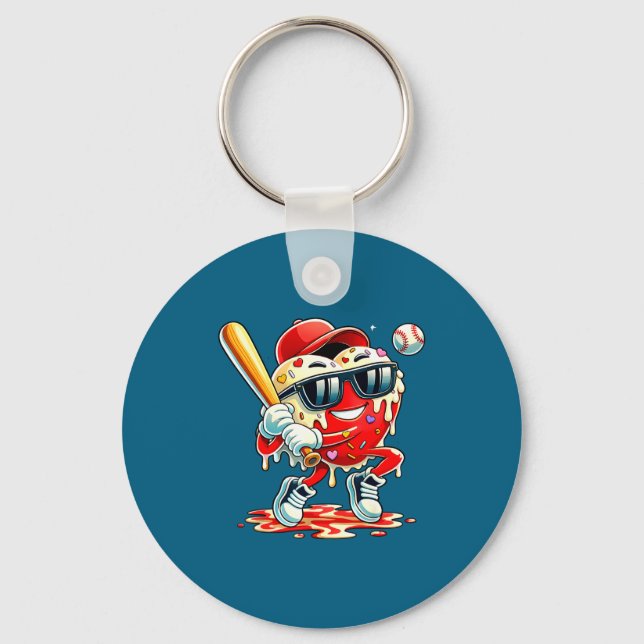 Valentines Day Heart Baseball Drip Ice Cream Boys  Keychain (Front)