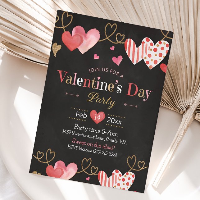 Valentines Day Heart Chalkboard Pink Invitation (Valentine's Day Party Invitation)