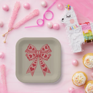 Valentine's day Heart Coquette bow Retro Valentine Paper Plate