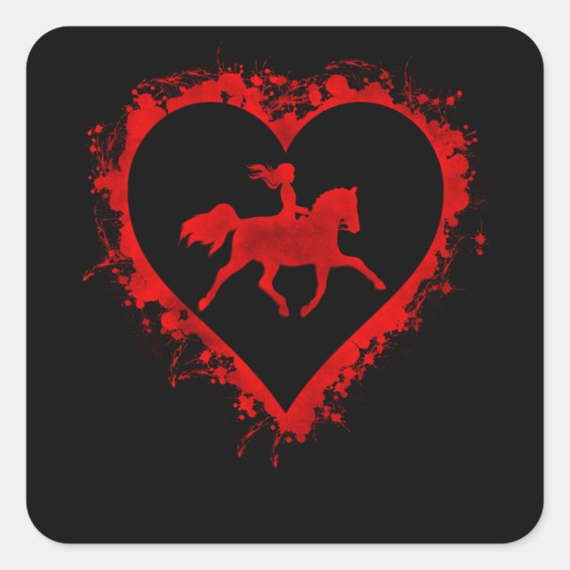 Valentines Day Heart Girl Horse Riding Horseback Square Sticker (Front)