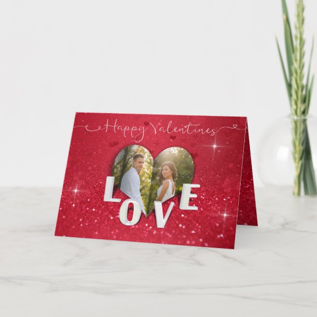 Valentine's Day Heart Photo Glitter Greeting Card (Front)