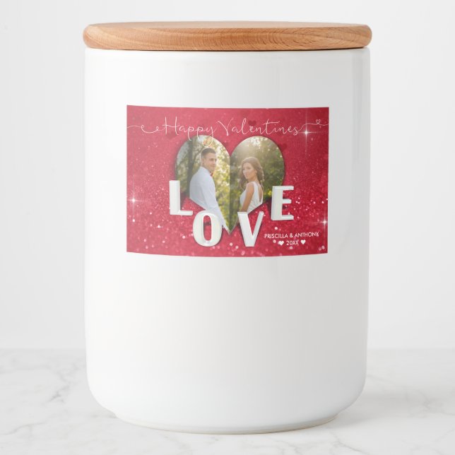 Valentine's Day Heart Photo Red Glitter Food Label (Front)