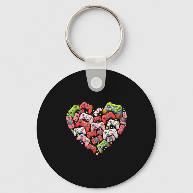 Valentines day heart pixel video game controllerVa Keychain (Front)