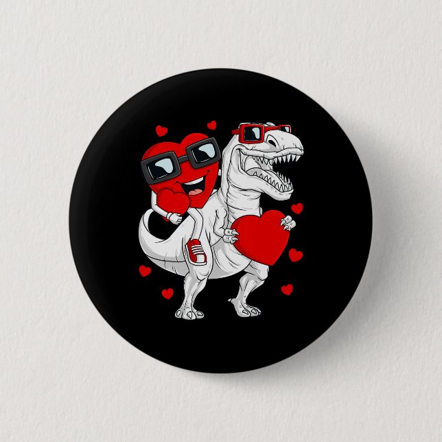 Valentines Day Heart Riding Dinosaur T Rex Fun Boy 2 Inch Round Button (Front)