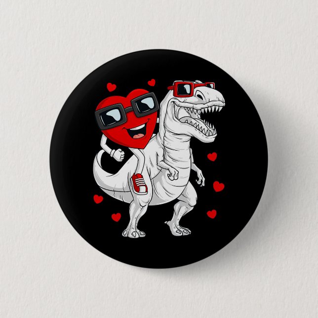 Valentines Day Heart Riding Dinosaur T Rex Fun Boy 2 Inch Round Button (Front)