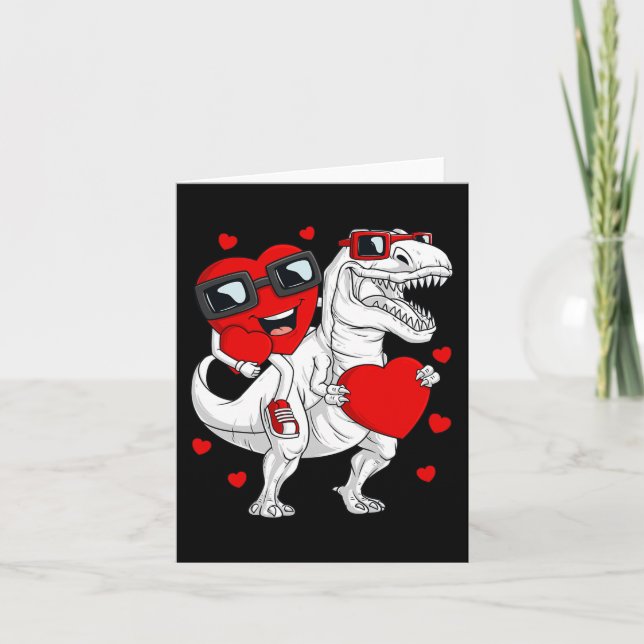 Valentines Day Heart Riding Dinosaur T Rex Fun Boy Card (Front)