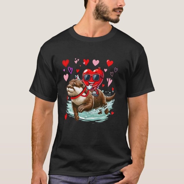Valentine's Day Heart Sunglasses Riding Otter Anim T-Shirt (Front)