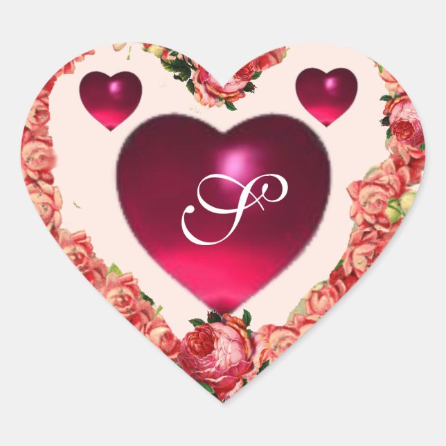 VALENTINE'S DAY HEART WITH PINK ROSES MONOGRAM HEART STICKER (Front)