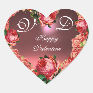 VALENTINE'S DAY HEART WITH PINK ROSES MONOGRAM HEART STICKER