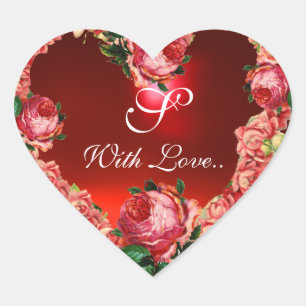 VALENTINE'S DAY HEART WITH PINK ROSES MONOGRAM STICKER