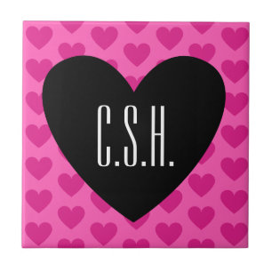 Valentine's Day Hearts Allover Hot Pink Monogram Tile