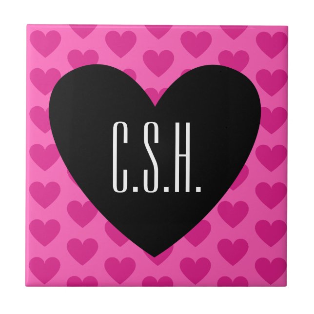 Valentine's Day Hearts Allover Hot Pink Monogram Tile (Front)