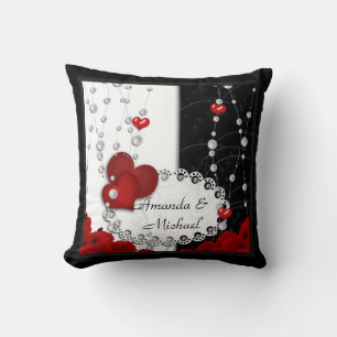 Valentines Day hearts and beads pearl red black wh Throw Pillow