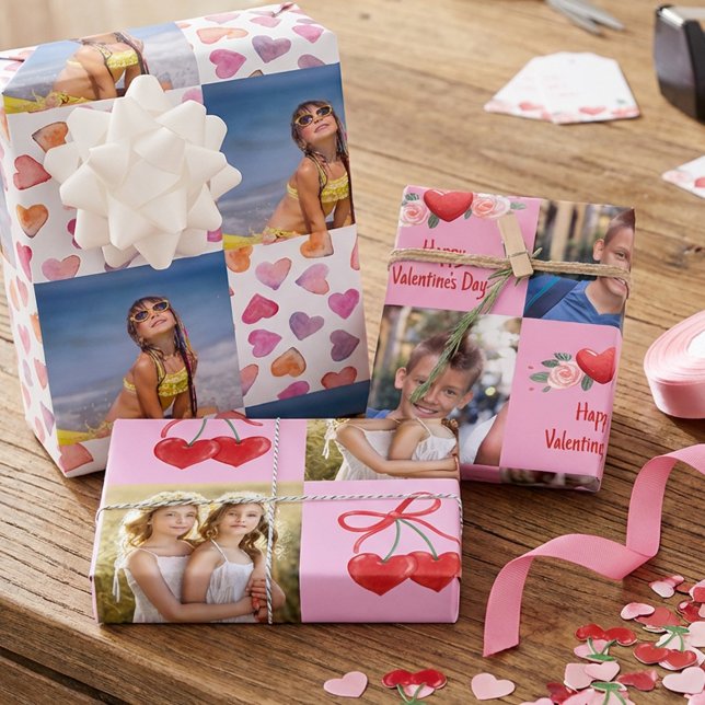 Valentine's Day Hearts and Square Photos Set of 3 Wrapping Paper Sheet (Valentine's gift wrap with hearts and personalized photos)