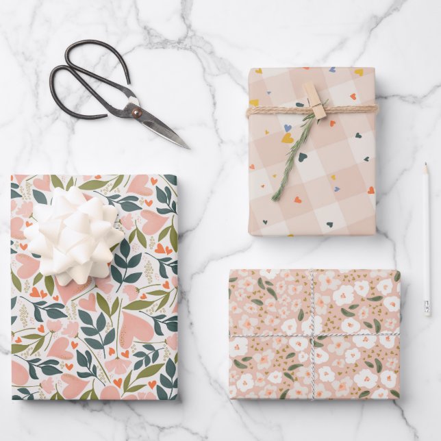 Valentines Day Hearts Botanical Floral Plaid  Wrapping Paper Sheet (Front)