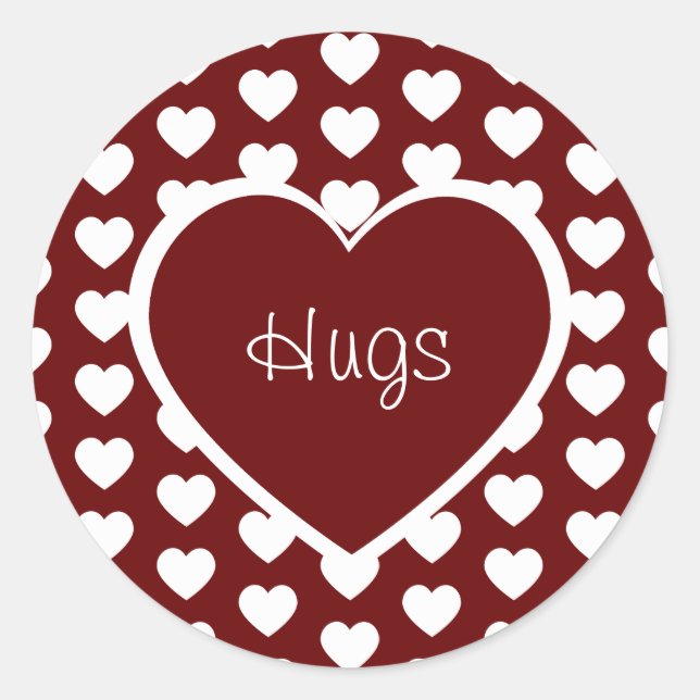 Valentine's Day Hearts Hugs Dark Red Classic Round Sticker (Front)