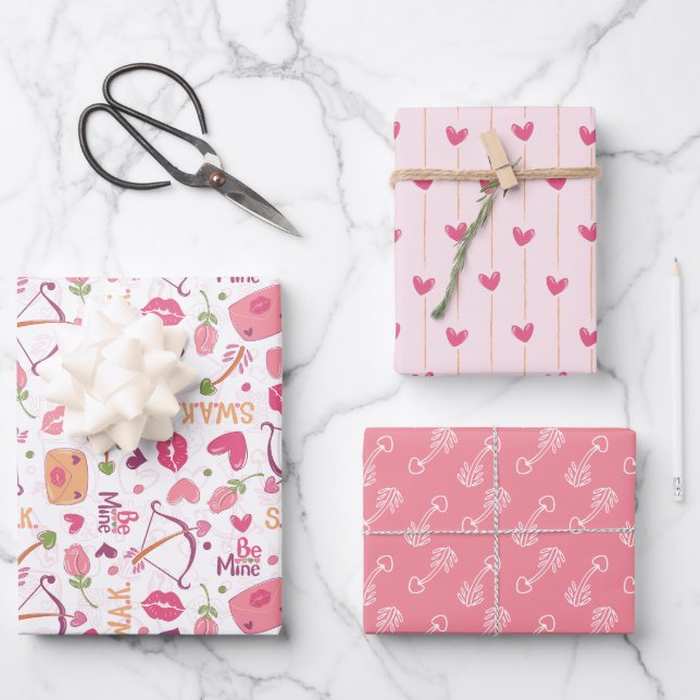 Valentines Day Hearts & Kisses Wrapping Paper Sheet (Front)