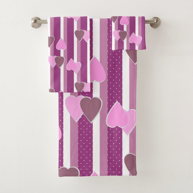 Valentine's Day hearts on striped background  Bath Towel Set (Insitu)