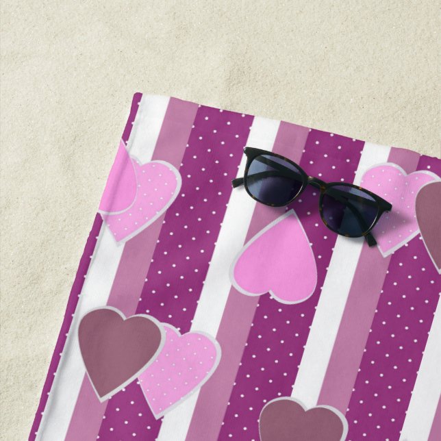 Valentine's Day hearts on striped background  Beach Towel (In Situ)