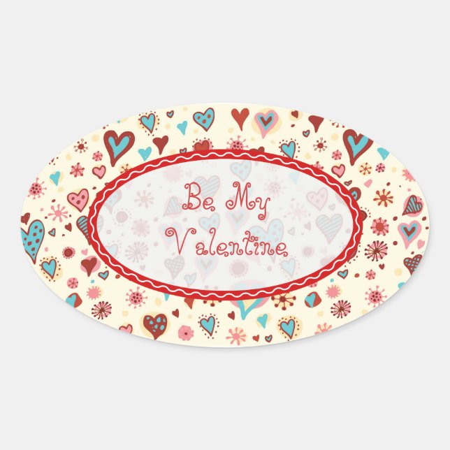 Valentines Day Hearts Pattern-Customizable Text Oval Sticker (Front)