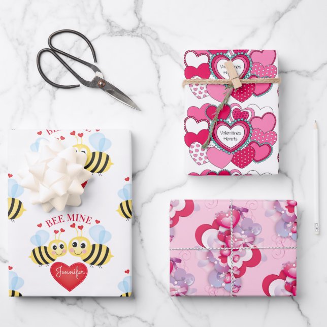Valentine's Day Hearts Personalize Name Bee Mine Wrapping Paper Sheet (Front)