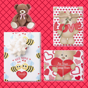 Valentine's Day Hearts Personalize Name Teddy Bear Wrapping Paper Sheet