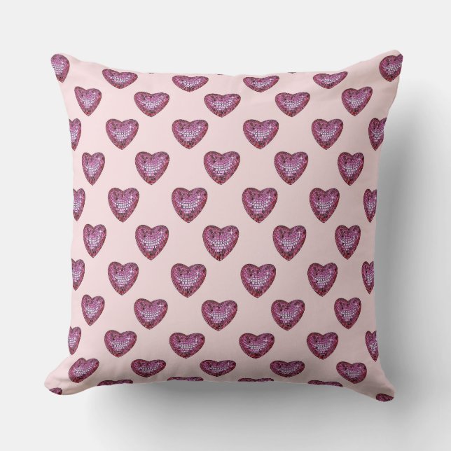 Valentine's Day Hearts Pink Disco Ball Hearts Throw Pillow (Front)
