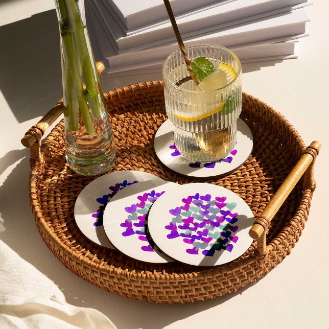 Valentine's day hearts - purple and aqua round paper coaster (Creator Uploaded)