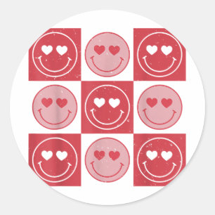Valentines Day Hippie Groovy Smile Face Heart Chec Classic Round Sticker