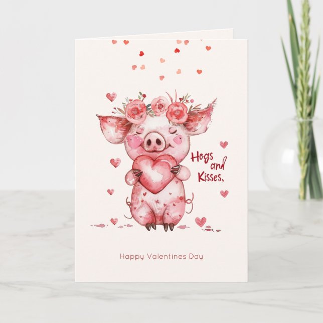 valentine's day Hogs & Kisses Funny Pig Holiday Card (Front)