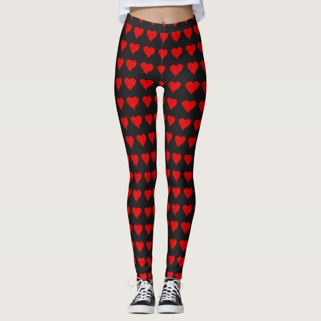 Valentines Day Hot Red Hearts Love Leggings (Front)