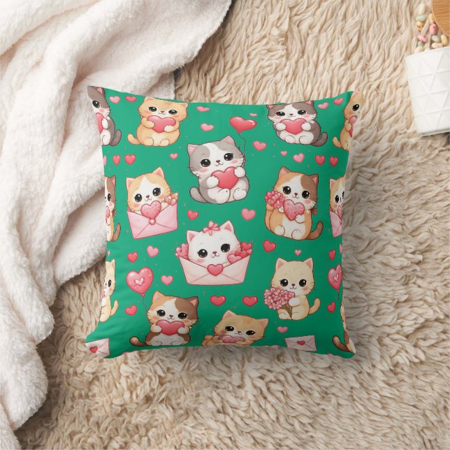 Valentine's Day Kawaii Cat Pattern Throw Pillow (Blanket)