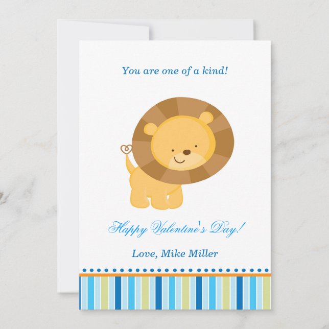 Valentines Day Kids Lion Blue Greeting Card (Front)