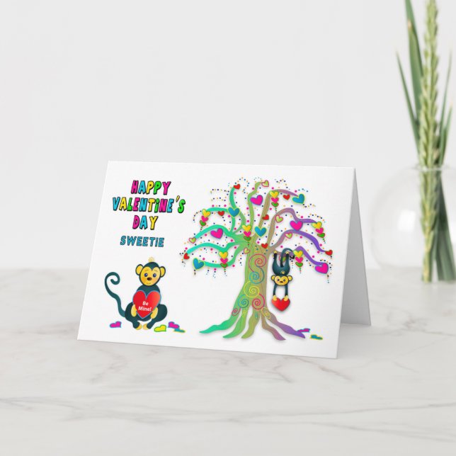 Valentine's Day Kids Monkey and Heart Tree Fun Card (Front)